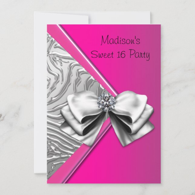 Silver Shock rosa Zebra Sweet 16 Party Inbjudningar (Framsida)