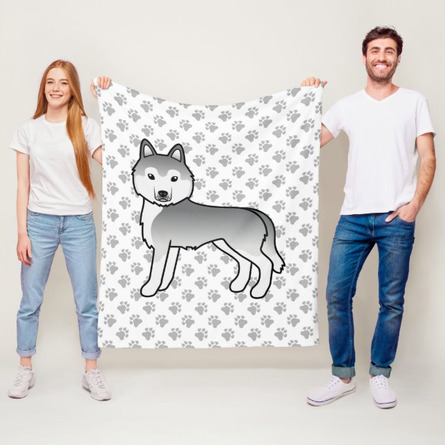 Silver Siberian Husky Serieteckning Hund & Klor Fleecefilt (På plats)
