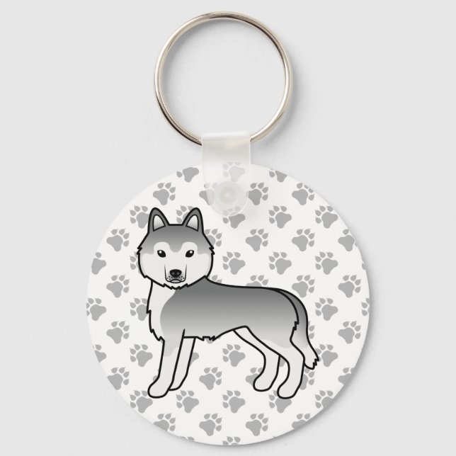 Silver Siberian Husky Serieteckning Hund & Klor Nyckelring (Framsida)