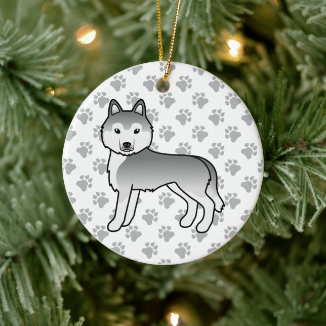 Silver Siberian Husky Söt Tecknad Hund Julgransprydnad Keramik (Träd)