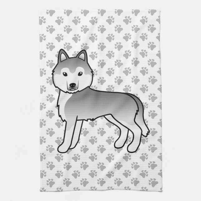 Silver Siberian Husky Söt Tecknad Hund Kökshandduk (Vertikal)