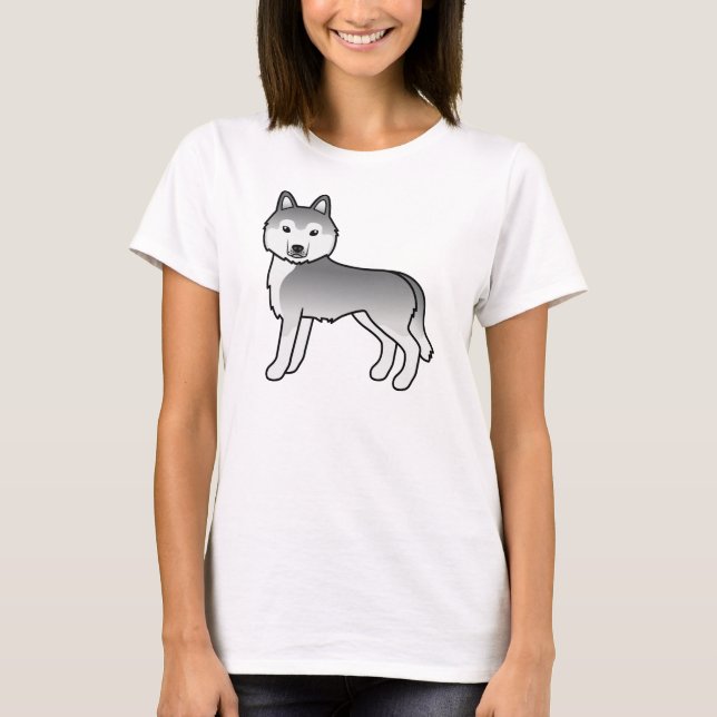 Silver Siberian Husky Söt Tecknad Hund T-Shirt (Framsida)