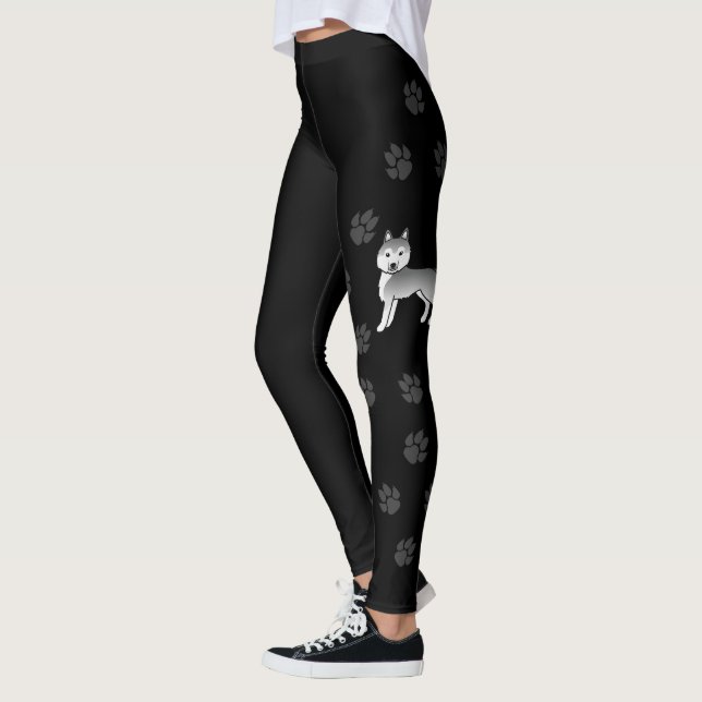 Silver Siberian Husky Tecknad Hund & Tassar Leggings (Vänster)