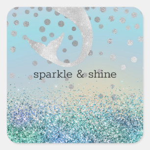 Silver Sjöjungfru Aqua Mint Lila Glitter Gnistra Fyrkantigt Klistermärke
