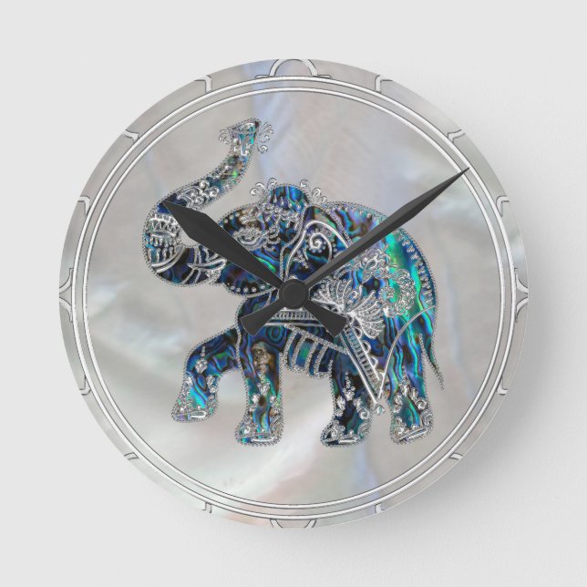 Silver skapade elefanten på Abalone och Pearl Rund Klocka (Framsida)