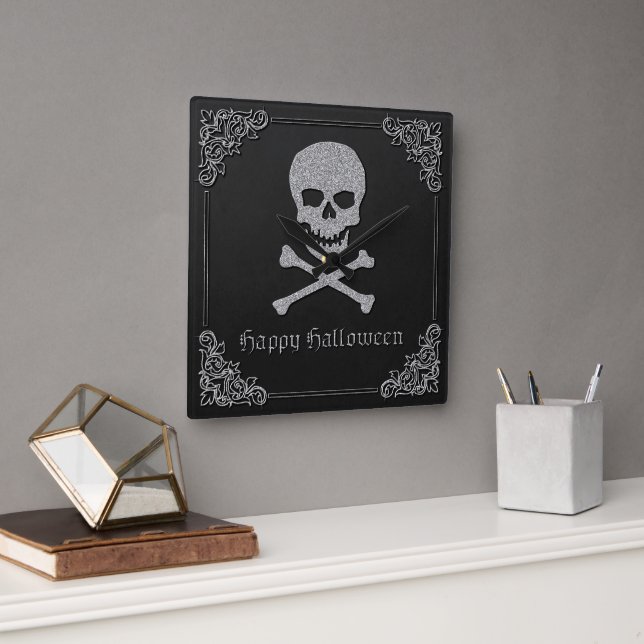 Silver Skull & Crossbone Halloween Fyrkantig Klocka (Kontor)