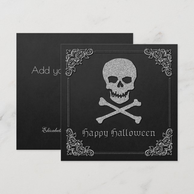 Silver Skull och korsben Halloween-hälsningskort (Fram/baksida)