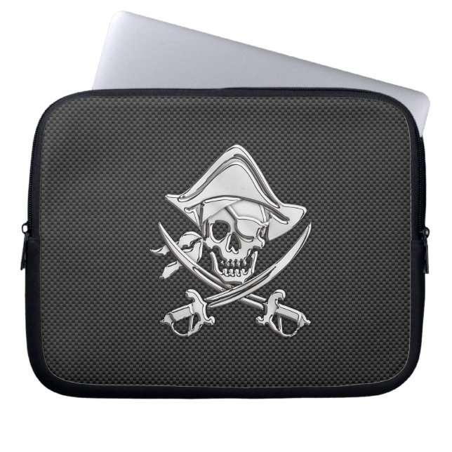 Silver Smiling Pirate on Carbon Fiber Style Laptop Fodral (Framsidan)