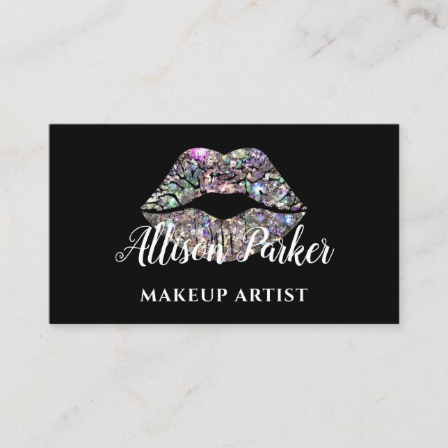 Silver SMINKARTIST Logotyp Kyss Namn Visitkort (Framsida)