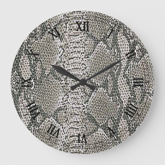 Silver Snake Skin Round Roman Numererals Clock Stor Klocka (Framsida)