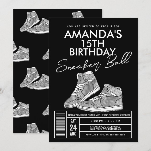 Silver Sneaker Ball Födelsedagsinbjudan Inbjudningar (Fram/baksida)