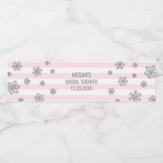 Silver Snö Rosa Ränder Vinter Bröllopsfest Vattenflaskor Etikett (Singel etikett)