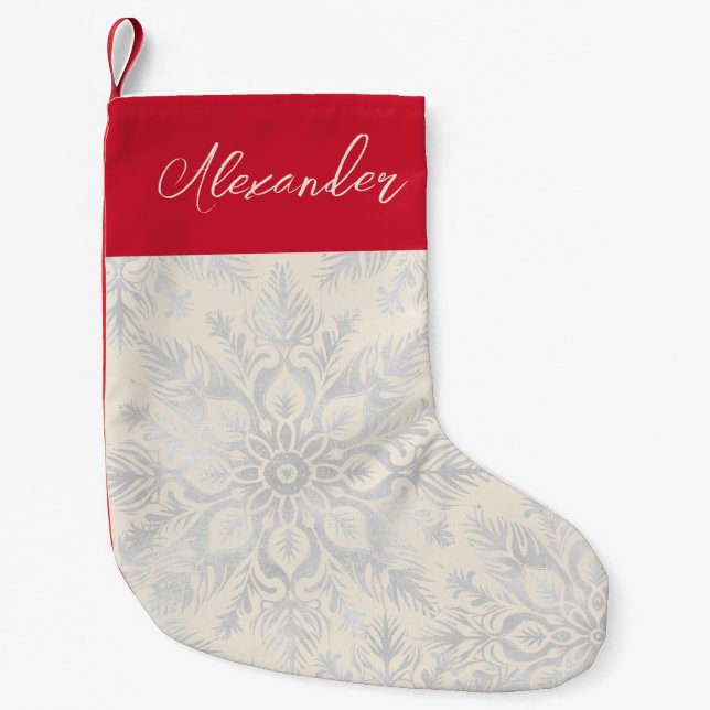 Silver Snöflinga Anpassat Namn  Liten Julstrumpa (Framsidan)