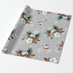 Silver Snöflingor, Cotton Bollar, Holly, Evergreen Presentpapper