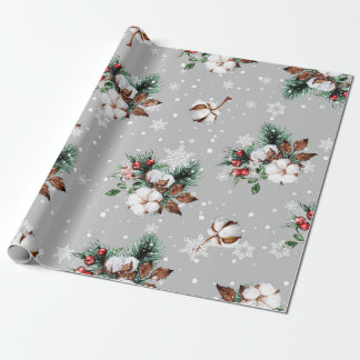 Silver Snöflingor, Cotton Bollar, Holly, Evergreen Presentpapper