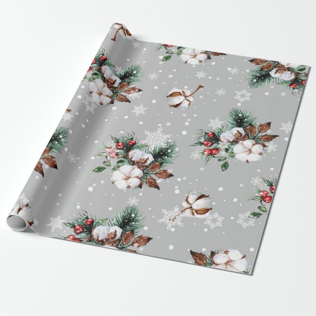Silver Snöflingor, Cotton Bollar, Holly, Evergreen Presentpapper (Utrullad)