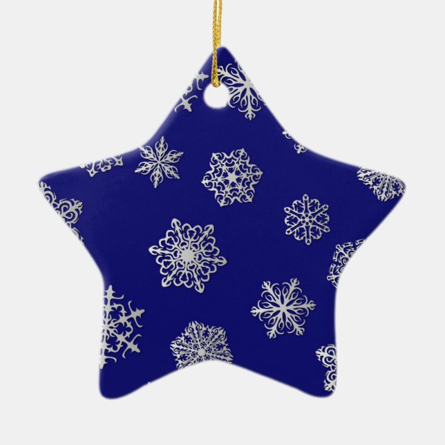 Silver snöflingor i mörk blått sammanhang julgransprydnad keramik (Framsidan)