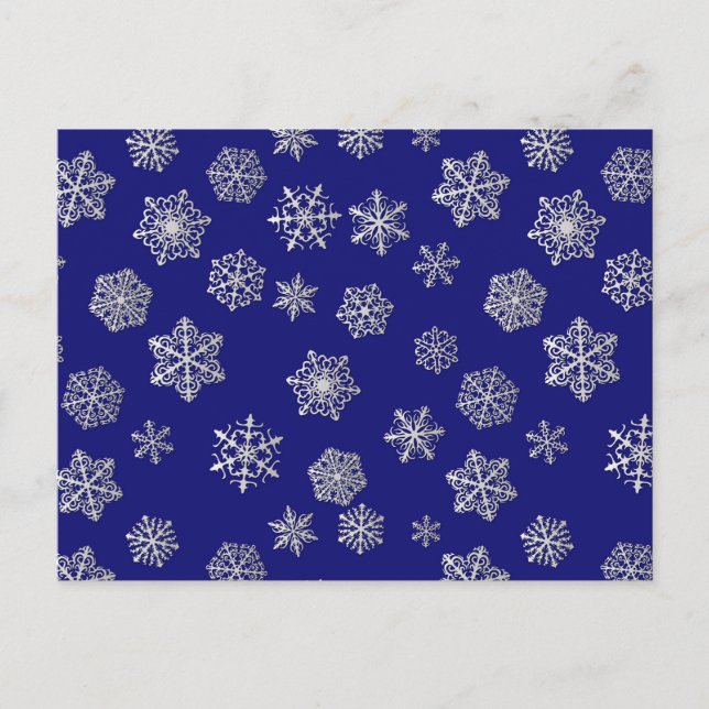 Silver snöflingor i mörk blått sammanhang vykort (Framsida)