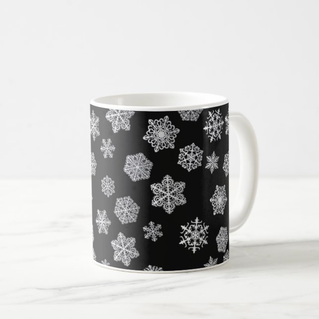 Silver snöflingor mot svart bakgrund kaffemugg (Framsida höger)