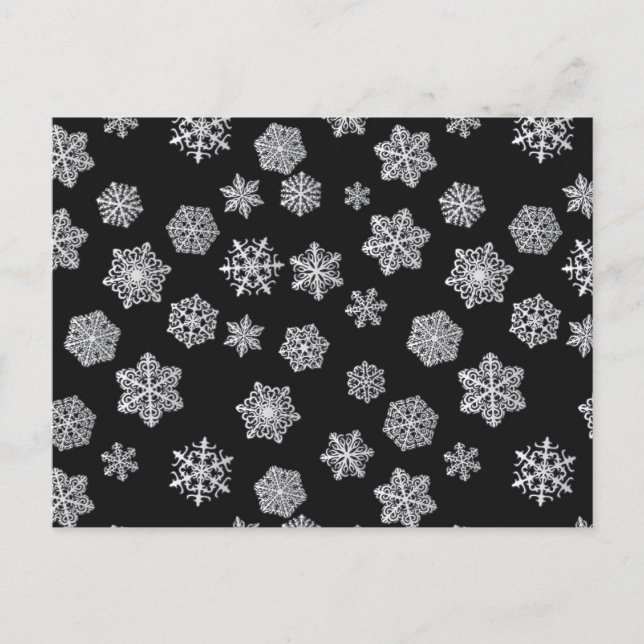 Silver snöflingor mot svart bakgrund vykort (Framsida)