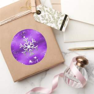 Silver Snöflingor och Stars Lila jul Runt Klistermärke