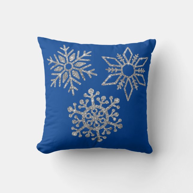 Silver Snöflingor på vinterblått Kudde (Framsida)