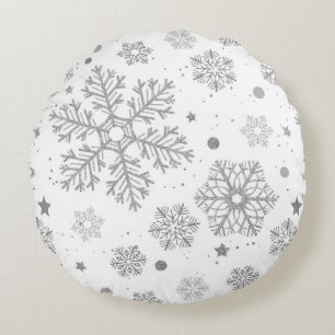 Silver snöflingor på vitt rund kudde