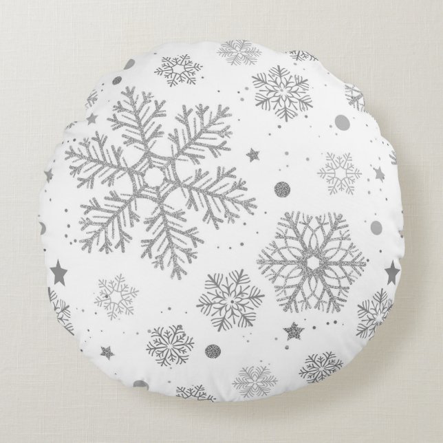 Silver snöflingor på vitt rund kudde (Framsidan)