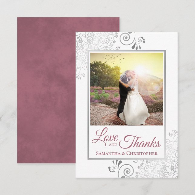 Silver Snöre Dusty Ro White Kärlek och Tack Bröllo Kort (Fram/baksida)