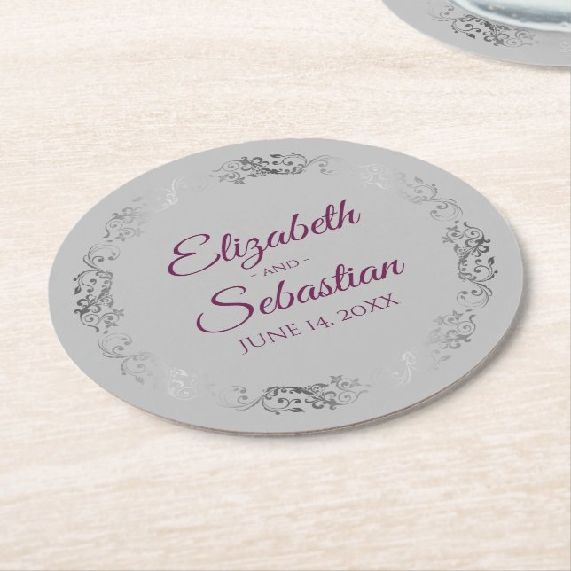 Silver Snöre Magenta om Grått Elegant bröllop Underlägg Papper Rund (Vinklad)