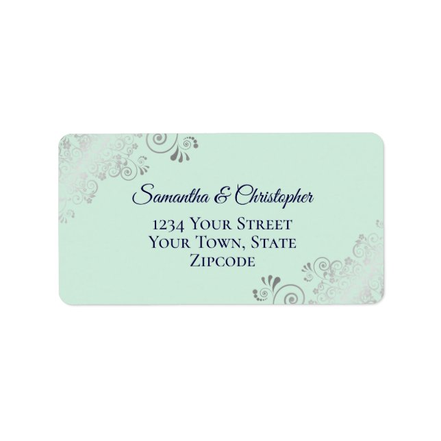 Silver Snöre Mint & Navy Elegant bröllop Adress Adressetikett (Framsidan)