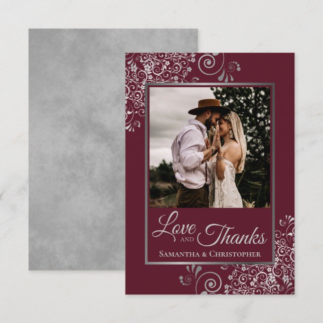 Silver Snöre om Burgundy Kärlek och Tack Bröllop (Fram/baksida)