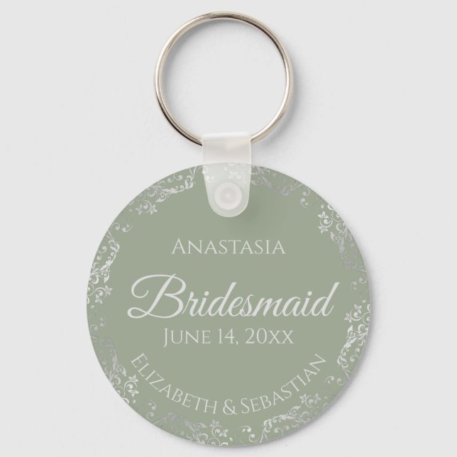 Silver Snöre om Sage Grönt Bridesmaid Bröllop Nyckelring (Framsida)