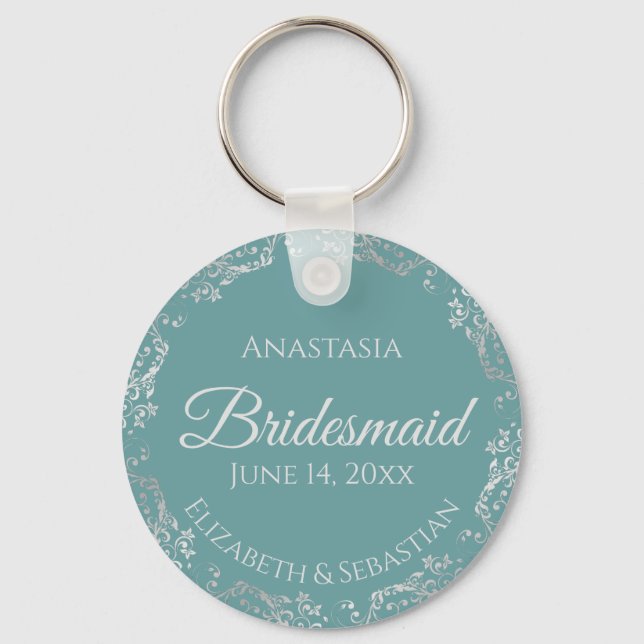 Silver Snöre om Teal Elegant Bridesmaid Bröllop Nyckelring (Framsida)