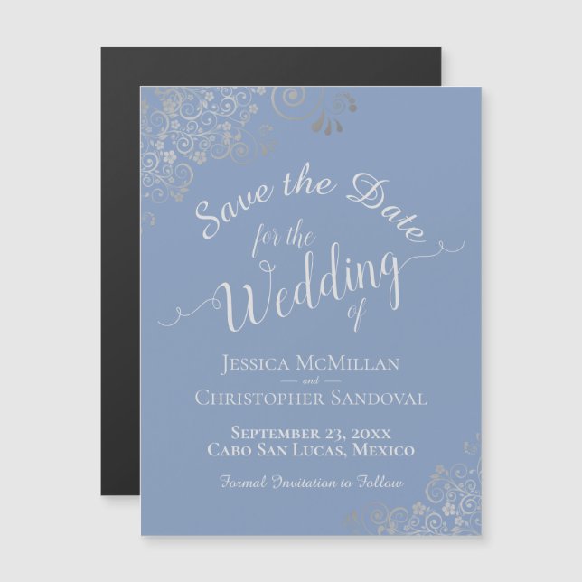 Silver Snöre på Dusty Blue Spara datum magneter (Fram/baksida)