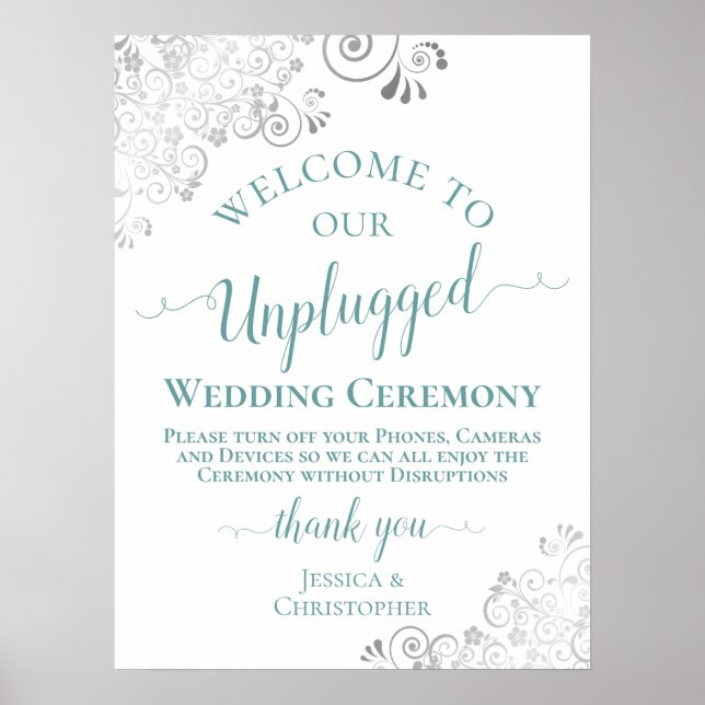Silver Snöre Teal Unplugged Bröllop Ceremony White Poster (Framsidan)