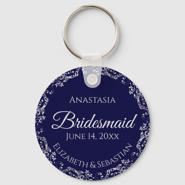 Silver Snöre vid marinblå Bridesmaid Bröllop Nyckelring (Framsida)