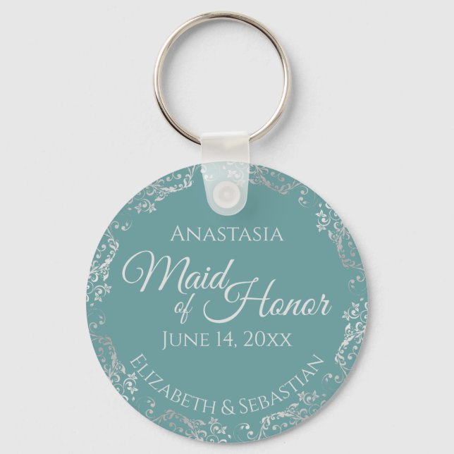 Silver Snöre vid Teal Elegant Maid of honor Bröllo Nyckelring (Framsida)