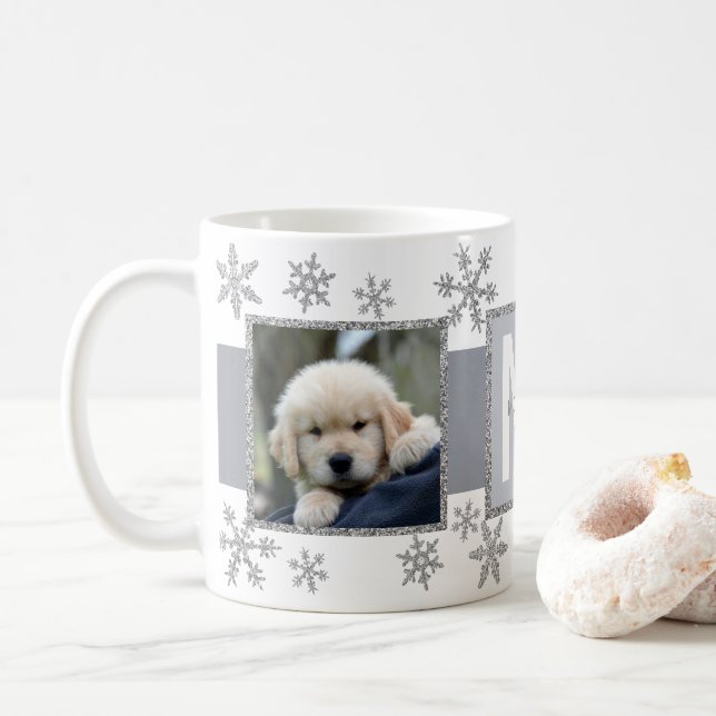 Silver Snowflake 2 Photo Monogram jul Kaffemugg (Med munk)