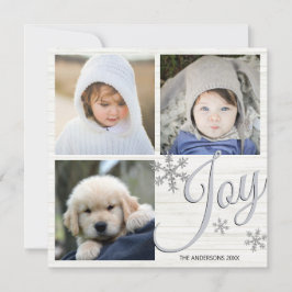 Silver Snowflake Joy Script 3 Photo Collage Julkort