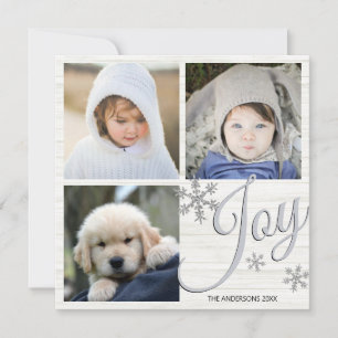 Silver Snowflake Joy Script 3 Photo Collage Julkort