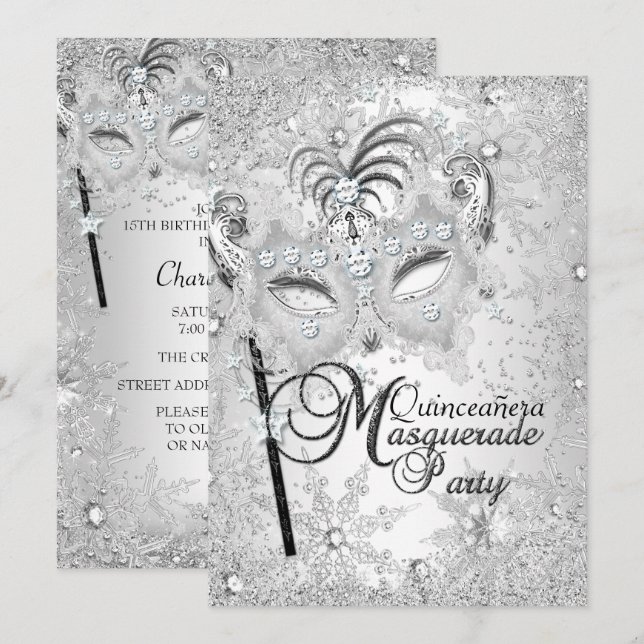 Silver Snowflake Mask Masquuppad Quinceanera Inbjudningar (Fram/baksida)