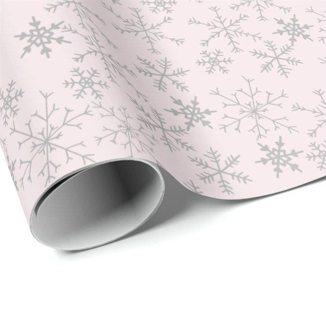 Silver Snowflake Mönster på Rosa julvinter Presentpapper (Rullad Hörn)