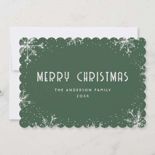 Silver Snowflake Snow Modern Green Christmas Card Julkort (Framsida)