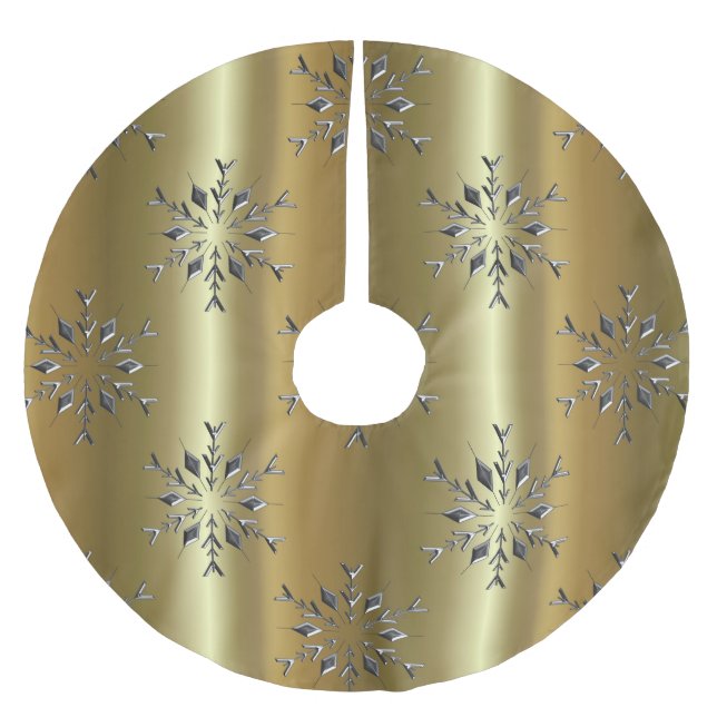 Silver Snowflake Stars på Guld Julgransmatta Borstad Polyester (Framsidan)
