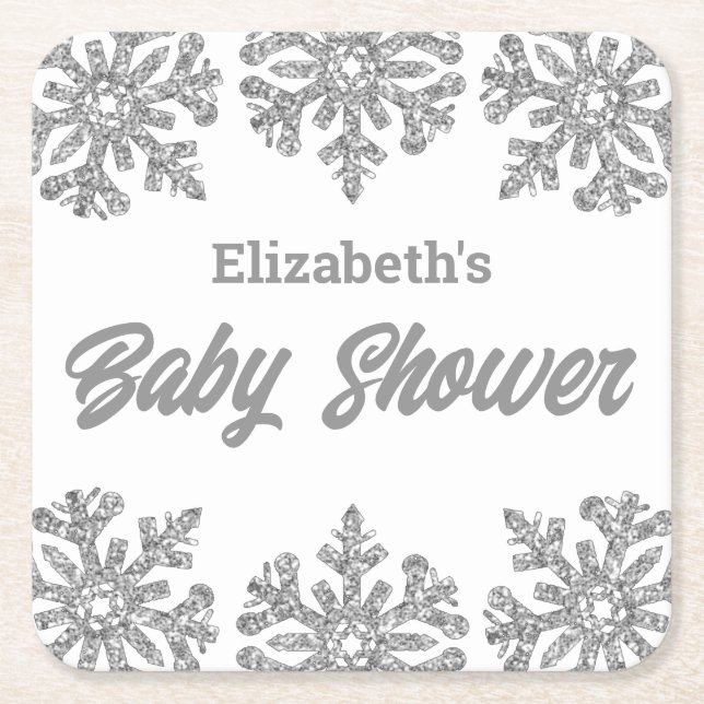 Silver Snowflake Winter Baby Shower Underlägg Papper Kvadrat (Framsidan)