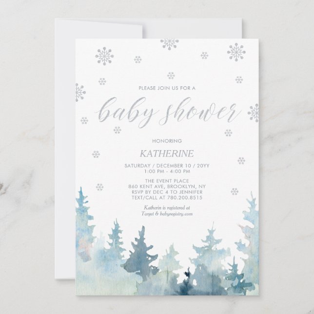 Silver | Snowflake Winter Forest Baby Shower Inbjudningar (Framsida)