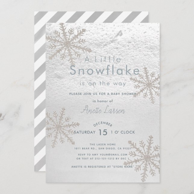 Silver Snowflake Winter White Baby Shower Inbjudningar (Fram/baksida)