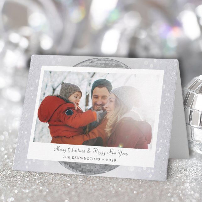 Silver Snowy Helgdag med Namn Kort (Personalized Snowflake Disco Ball Christmas Card)