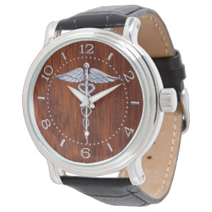 Silver som Caduceus Medical Symbol Mahogany Dial Armbandsur